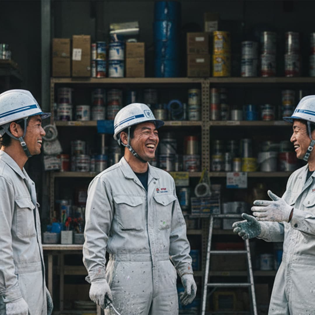 エスエスの一日スケジュール、会社に集合して談笑する職人